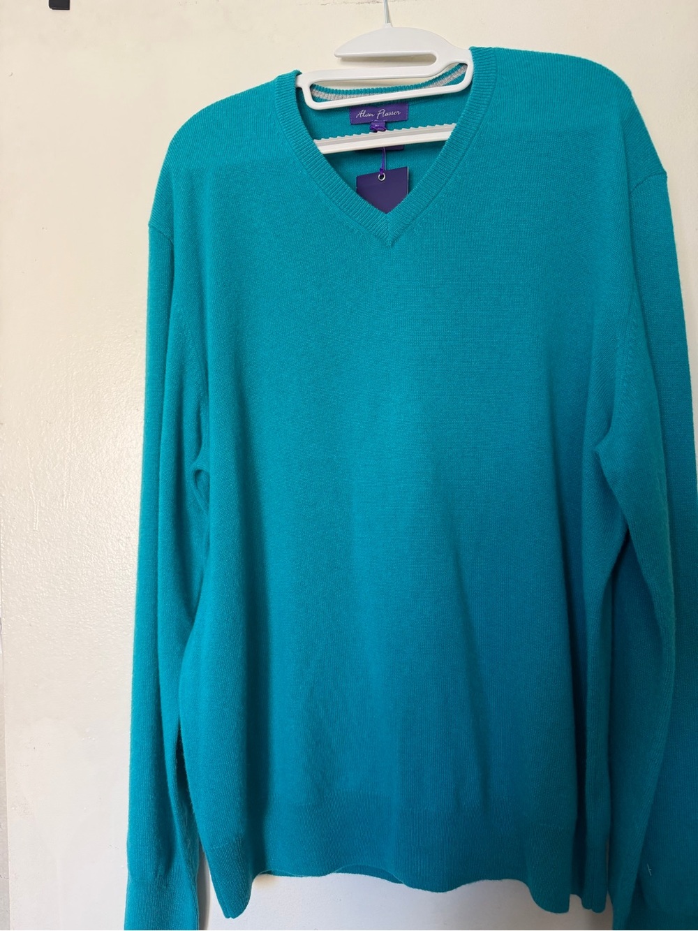 Alan Flusser 100% Pure Cashmere V-Neck Sweater Teal Aqua XL Luxury Knit Soft